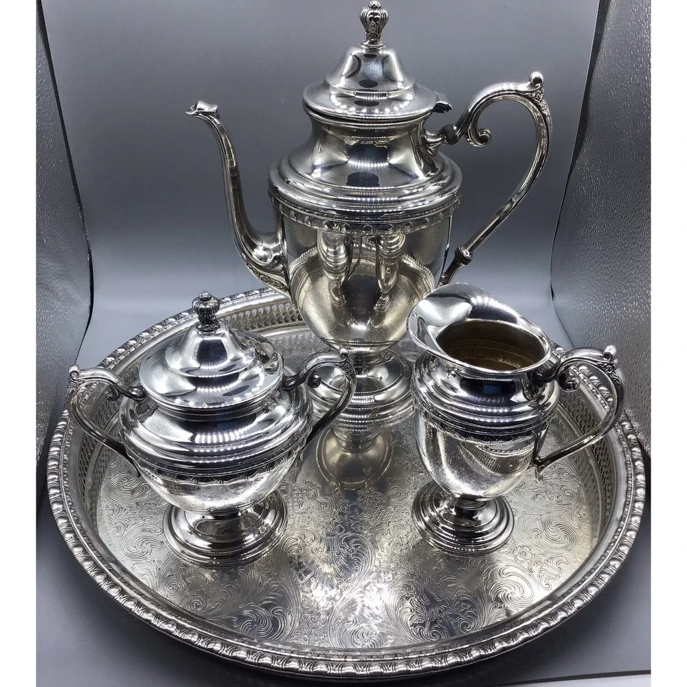 Vintage Wm Roger & Bros, 4 Pc Coffee Serving Set w/‎ Round Plater, Dent On Pot